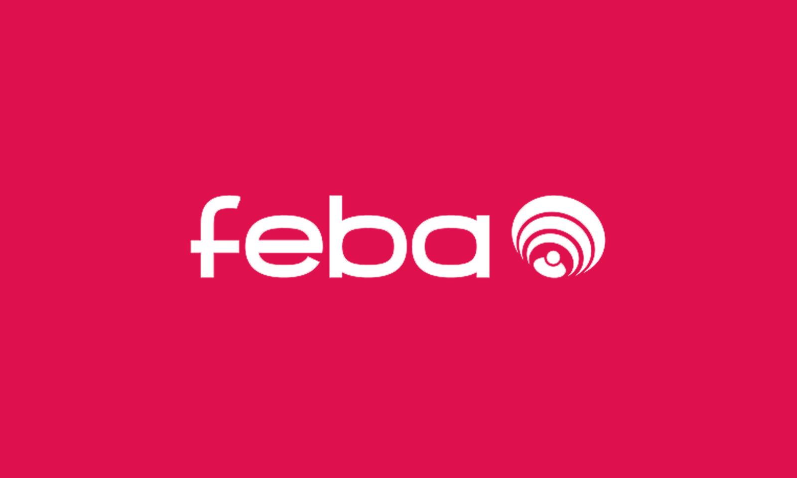 The Feba logo on a ruby red background.