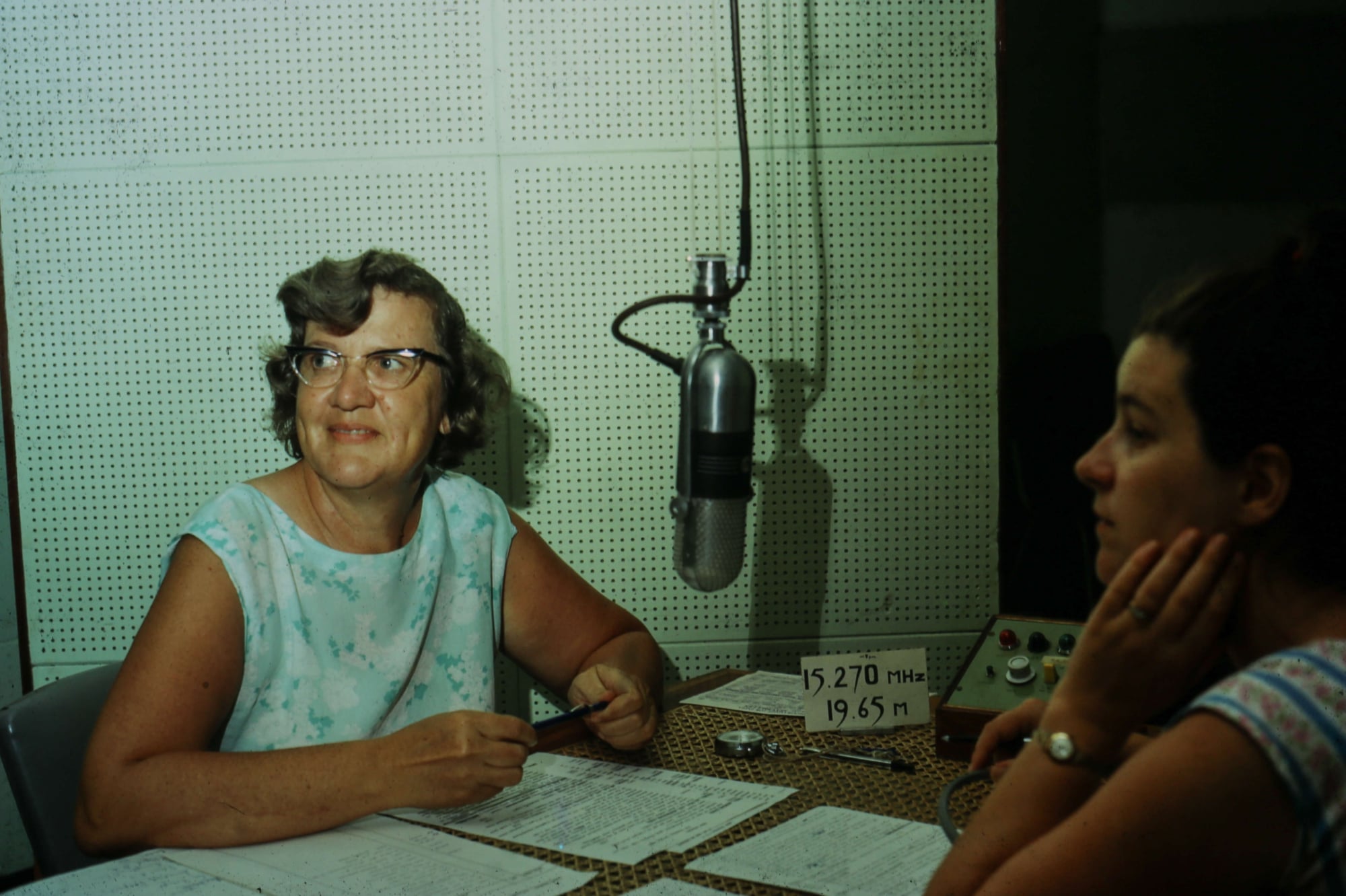 Two women recording a radio broadcast a the Feba radio station in the Seychelles in the 1960s.