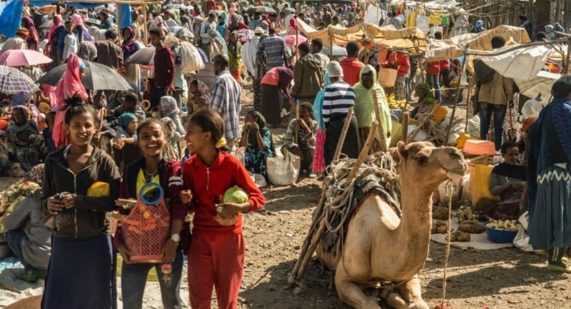 Busy market full of people, stalls and umbrellas shading people from the sun in Northeast Africa. Three young girls in the forefront are chatting and laughing holding fresh fruit, next to a camel sitting on the ground.