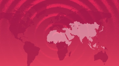 An illustration of a map of the world on a red background with radio waves behind it. Africa, Asia and the Middle East are highlighted in white as the areas where Feba works.