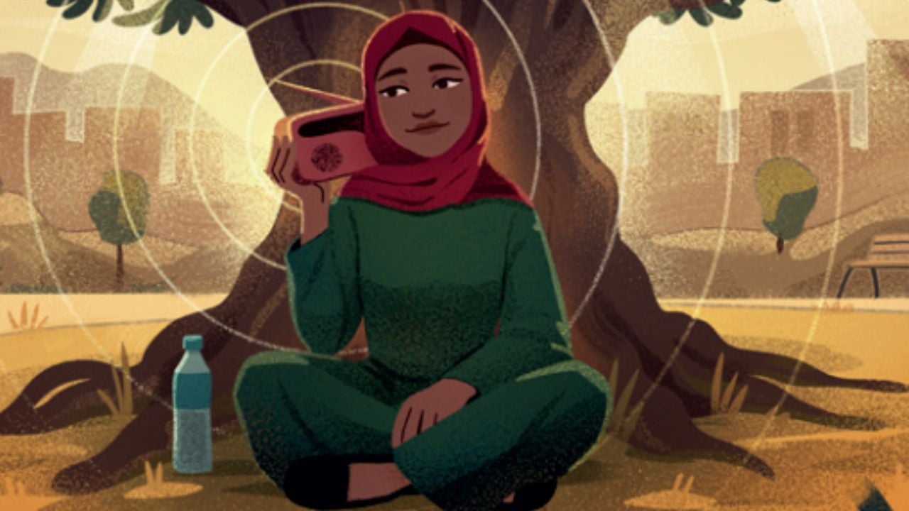 Illustration of a woman in a hijab sitting under a tree contentedly listening to a radio.
