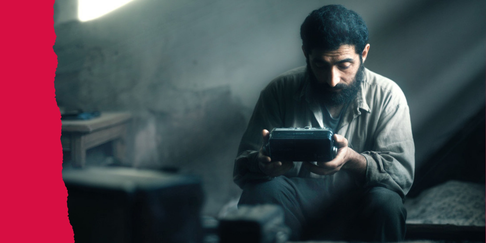 A Iraqi man sits in a dark room looking listening to a radio he is holding in his hands.