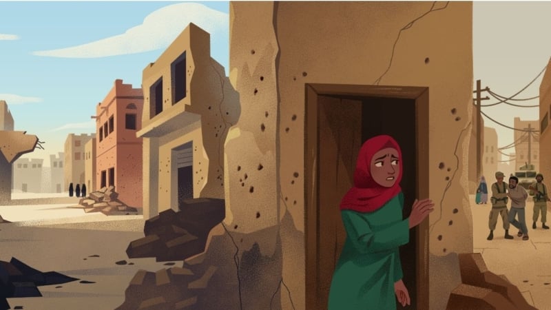 Illustration of a woman hiding in a doorway on a bombed out street, peer round the door frame as she watched a man be arrested by two armed guards.