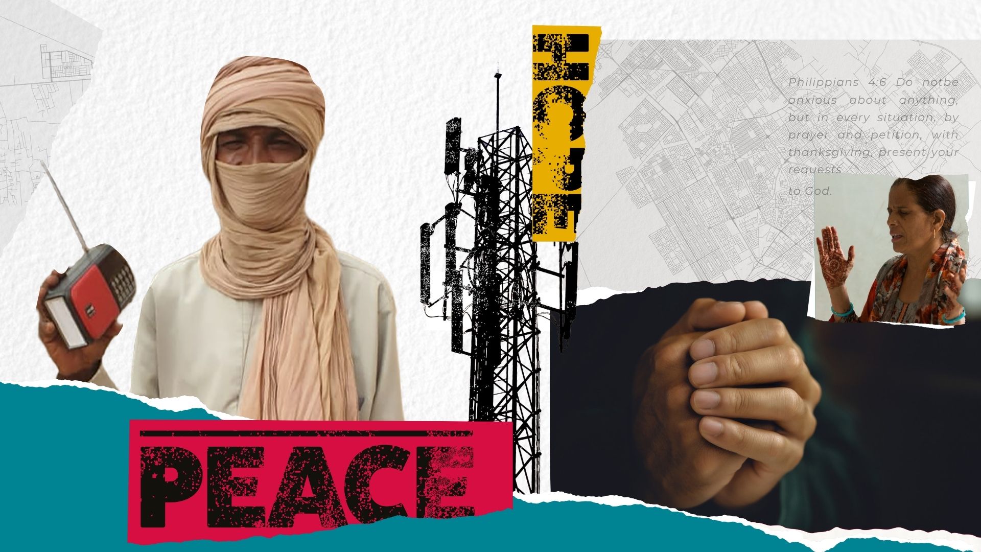 A collage style image with different elements including a radio tower, the words hope and peace, hands clasped in prayer, an Indian woman with her hands raised in prayer and a man with a turban obscuring most of his face holding a small red and black radio.