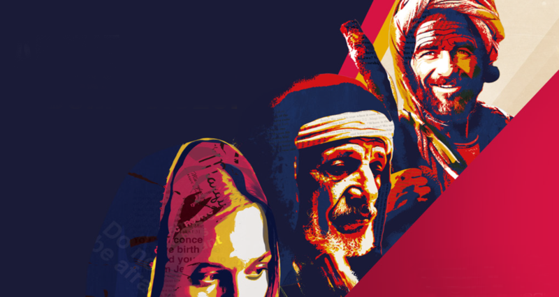Lifelike but stylised illustration of Mary, a wise man and a shepherd. on a black and red background.