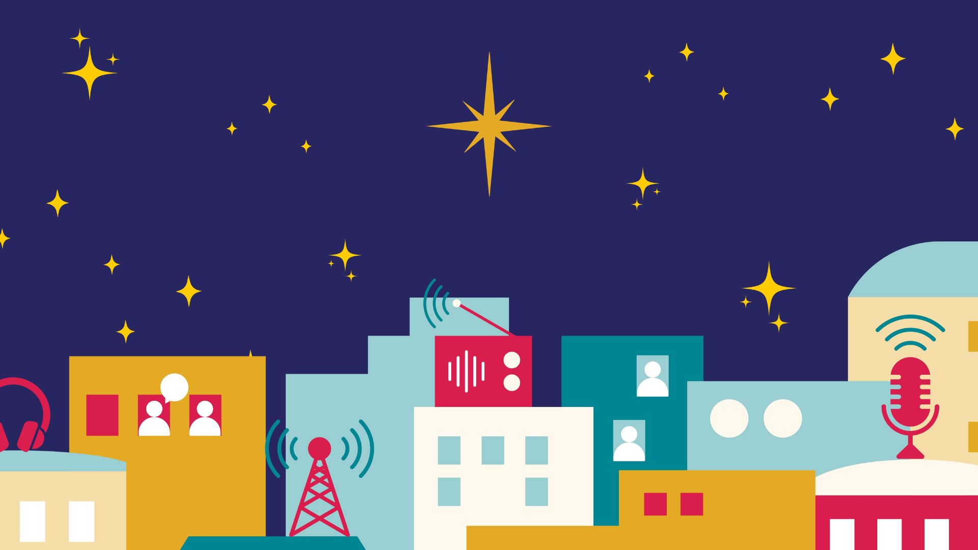 Illustration of colourful houses with radios, headphones and other audio media icons on the roofs, and a night sky scattered with stars.