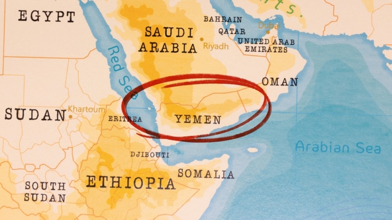 A map of the countries bordering the Arabian Sea with Yemen circled in red pen.