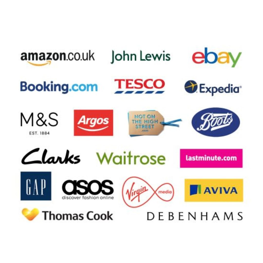 A variety of big brand logos that are part of the easyfundraising scheme on a white background, including Tesco, Waitrose, Boots, John Lewis, Asos and Amazon.
