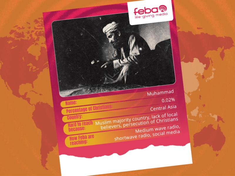 A top trump style card with an image of a man in a turban holding a radio. It includes facts that the listeners name is Muhammad, he lives in Central Asia, is hard to reach because he lives in a Muslim majority country where there is persecution of Christians and Feba are reaching him through radio and social media.